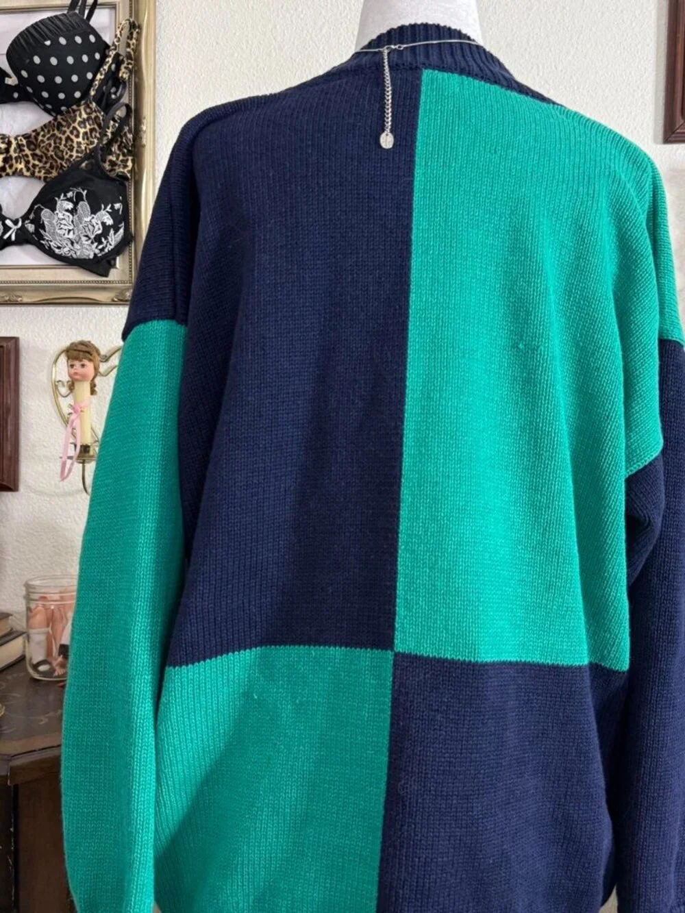 90’s quirky grunge green and navy blue color block patchwork cozy sweater